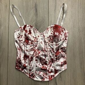 Dolls Kill White Satin Bustier Crop Top with Red/Blood Splatter